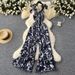 Women's Clothing Travel Vacation Outfit Jumpsuit Women's Summer Elastic Pleated Waist Floral Suspenders Wide Leg Long Pants_ecoleips.com