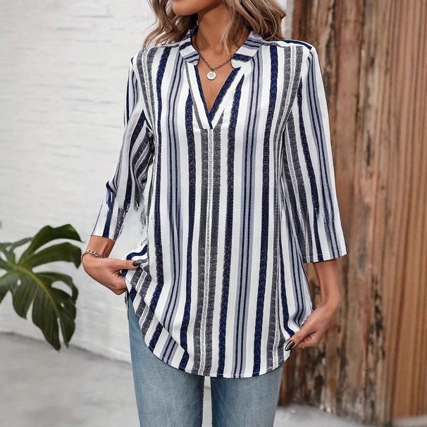 Women's Clothing Printed Stripes Fashionable V Neck Slim Fit Versatile Long Sleeved Shirt_ecoleips.com