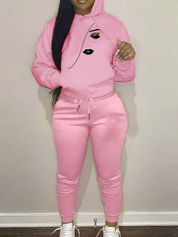 Women's Autumn And Winter Casual Fashion Eyelash Eye Pattern Printed Thick Velvet Warm Hooded Sweatshirt+sweatpants Set-684_ecoleips.com