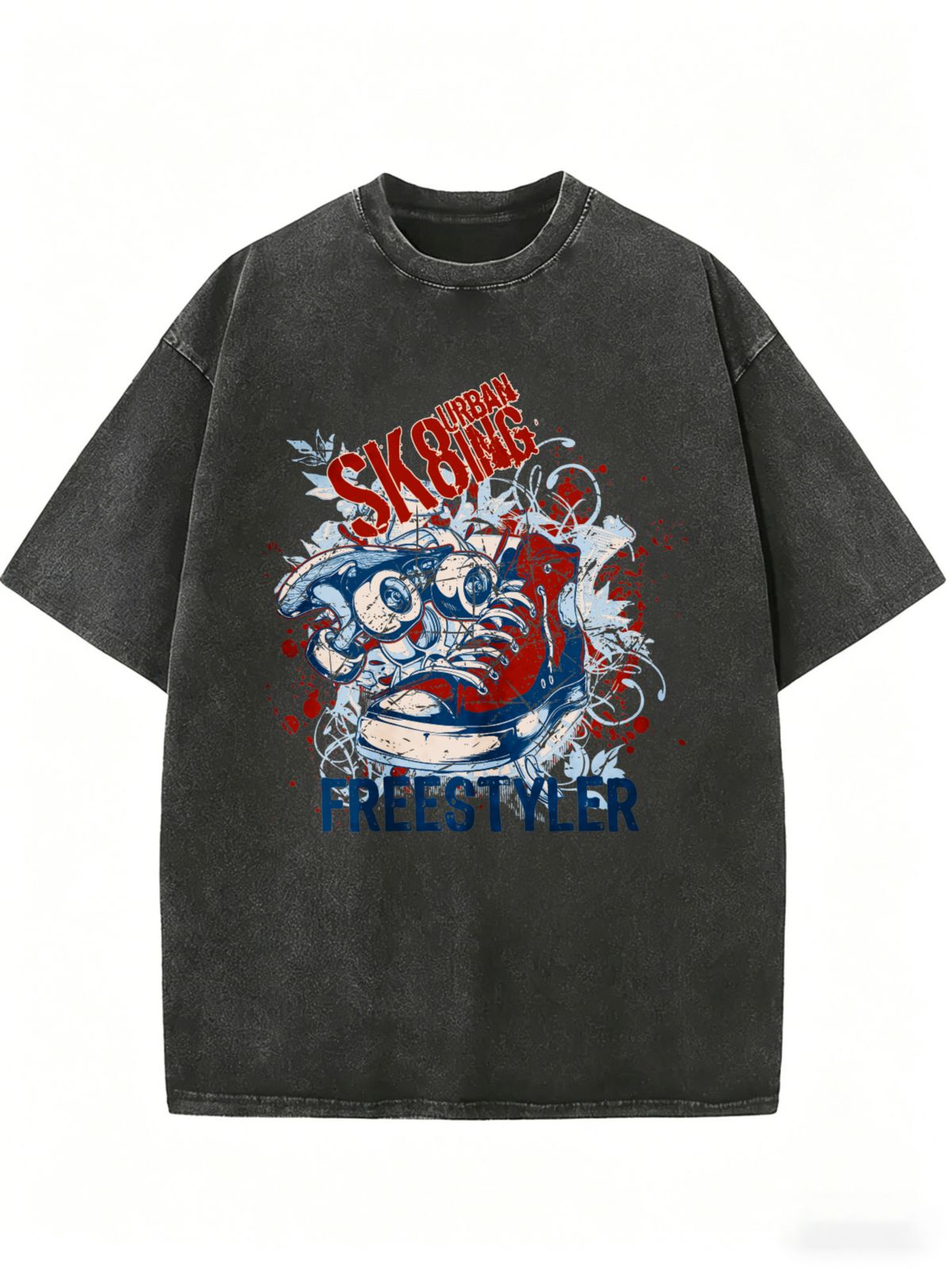 Retro Skateboard Shoe Pattern Women's Clothing, Graffiti Style T-shirt, Loose Round Neck Design, Street Style Short-sleeved Top._ecoleips.com