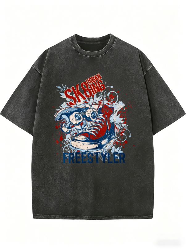 Retro Skateboard Shoe Pattern Women's Clothing, Graffiti Style T-shirt, Loose Round Neck Design, Street Style Short-sleeved Top._ecoleips.com