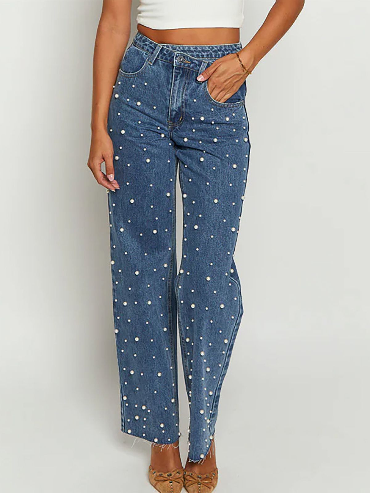 Women's Clothing Jeans For Women New Beaded Temperament Commuting Raw Edge Straight Pants Washed Fashion Jeans_ecoleips.com