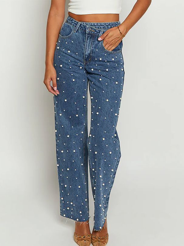 Women's Clothing Jeans For Women New Beaded Temperament Commuting Raw Edge Straight Pants Washed Fashion Jeans_ecoleips.com