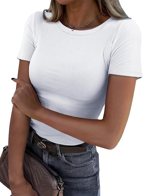 Summer New Fashion Women's Short Sleeve Elastic Crew Neck Ribbed Slim T-Shirt Women's Top_ecoleips.com