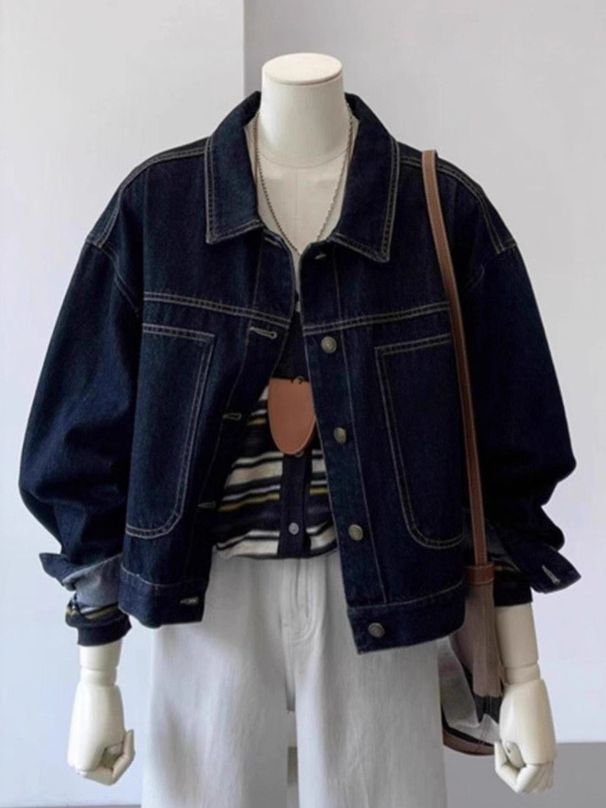 K New Dark Blue Short Denim Jacket With Women's Casual Pocket Design, Workwear Style, Slimming Top.No Accessories Or Interior Decorations_ecoleips.com