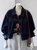 K New Dark Blue Short Denim Jacket With Women's Casual Pocket Design, Workwear Style, Slimming Top.No Accessories Or Interior Decorations_ecoleips.com