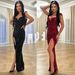 Women's Clothing Velvet Sequins Sling Small V Neck Waist Slit Hip Wrapped Sequin Dress_ecoleips.com