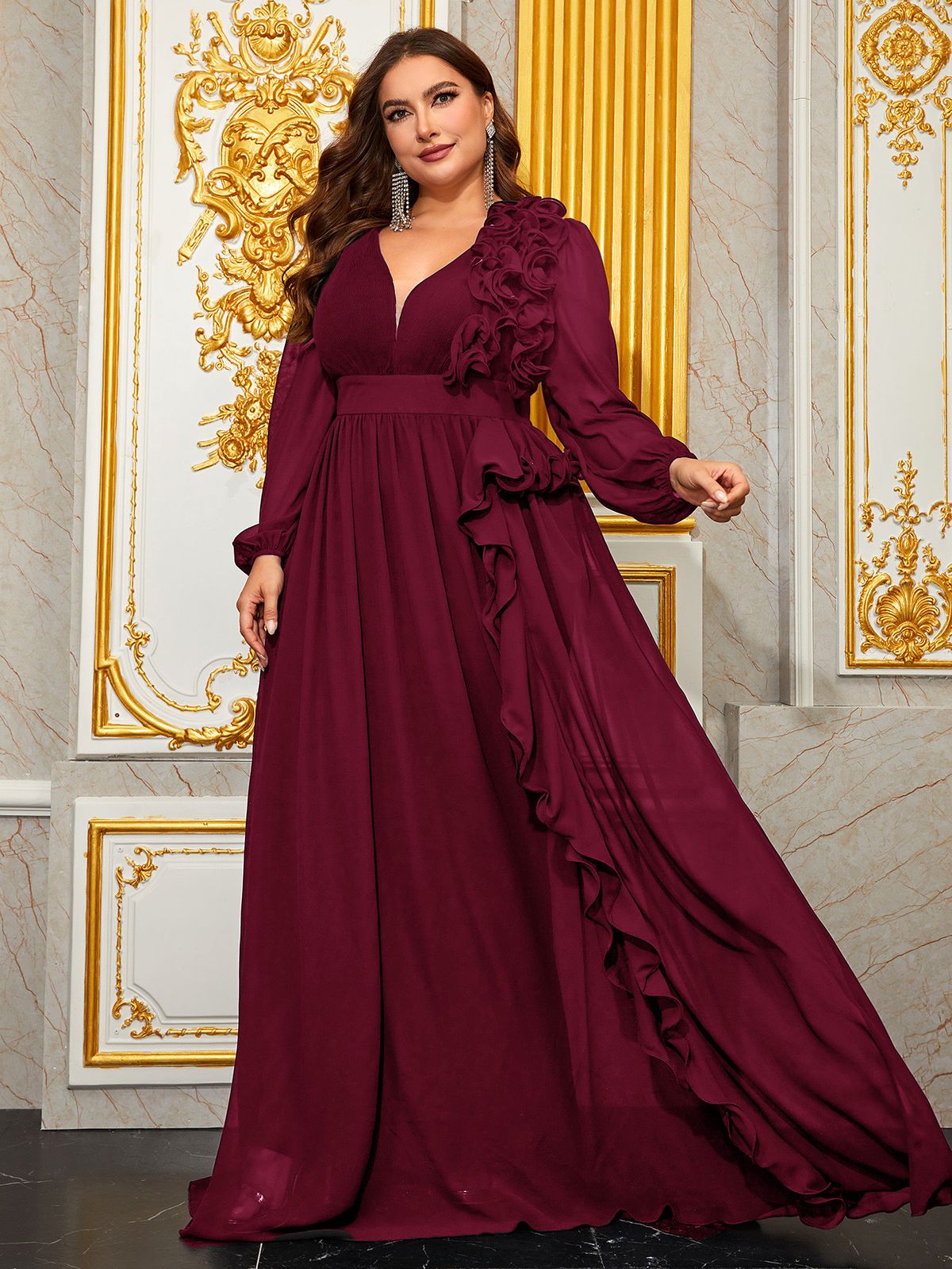 Plus Size V-Neck Chiffon Ball Gown With 3D Lace & Bell Sleeves – Elegant Evening Dress For Women (S-4XL, 3 Colors)_ecoleips.com