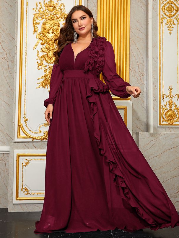 Plus Size V-Neck Chiffon Ball Gown With 3D Lace & Bell Sleeves – Elegant Evening Dress For Women (S-4XL, 3 Colors)_ecoleips.com