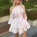 Women's French Style Short Dress Elegant Printed Small Stand Collar Flared Sleeves Single Breasted Tie Waist A-Line Skirt_ecoleips.com