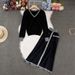 Women's Fashion Color Block V Neck Knit Top With Single Breasted Slim Fit Skirt Spring Autumn Loose Pant Set_ecoleips.com