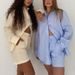 Women's Striped Long Sleeved Shirt High Waist Loose Shorts Casual Two-Piece SetFashion_ecoleips.com
