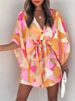 Summer Casual Dress Women Fashion Flying Sleeve V-neck Print Beach Party Dresses Elegant Lace Up Mini Dress Robe Femme 2024 New_ecoleips.com