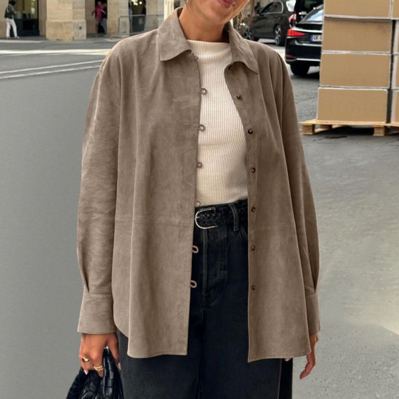 Spring/Summer Retro Chic Khaki Knit Suede Fleece Loose Collar Shirt With Sleeveless Design Versatile And Stylish Women_ecoleips.com