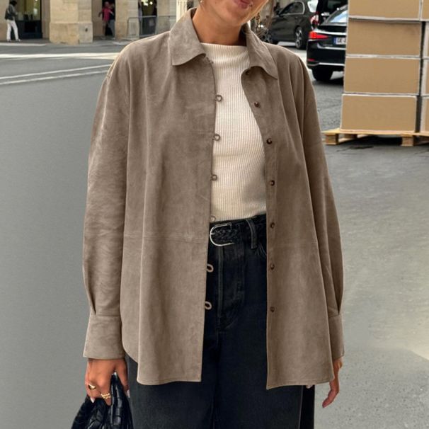 Spring/Summer Retro Chic Khaki Knit Suede Fleece Loose Collar Shirt With Sleeveless Design Versatile And Stylish Women_ecoleips.com