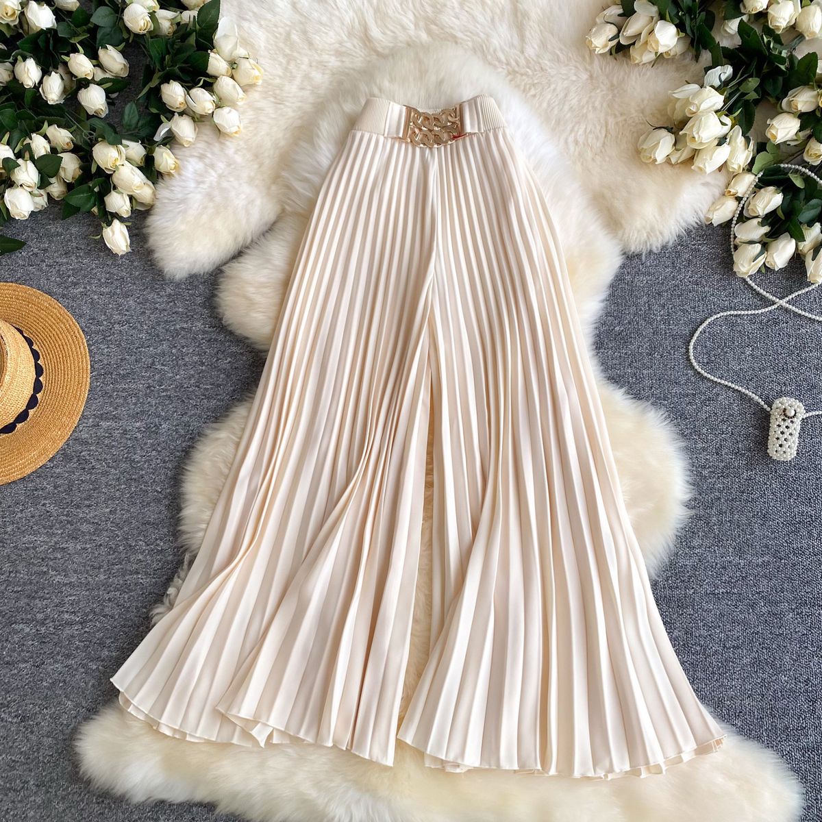 Women's Summer Thin Wide Leg Pants Casual Drawstring Elastic Waist Loose Fit Flattering Drape Pleated Long Trousers_ecoleips.com