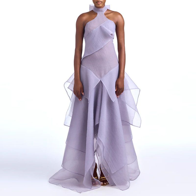 2026 Elegant Women's Long Dress Ruffle Design Irregular Summer Purple Party Dress Casual Halter Neck Fold Formal Occasion Dress_ecoleips.com