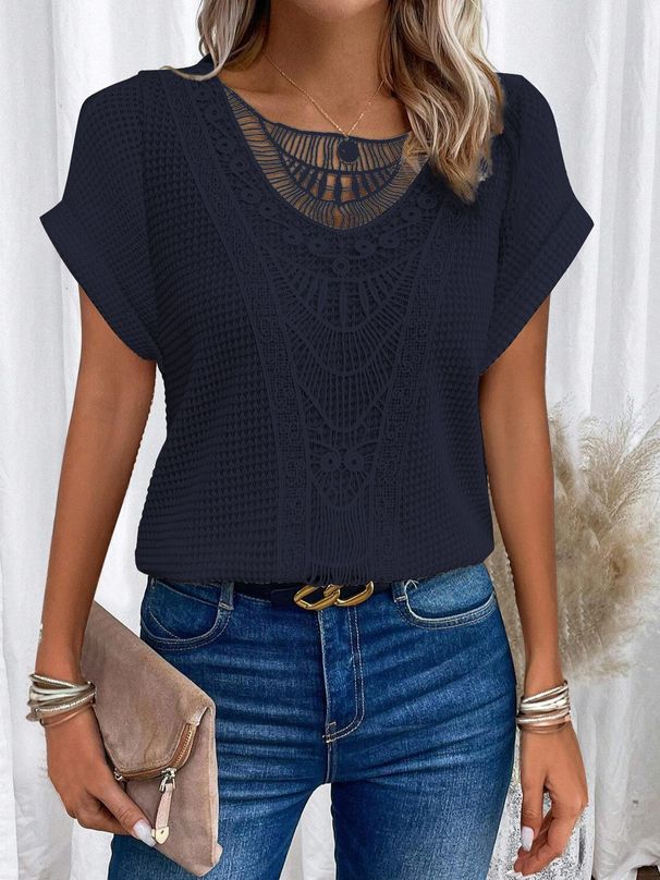 Women's Lace Trimmed Patchwork Short Sleeve T-Shirt Europe & America Spring/Summer New Arrivals In Stock_ecoleips.com