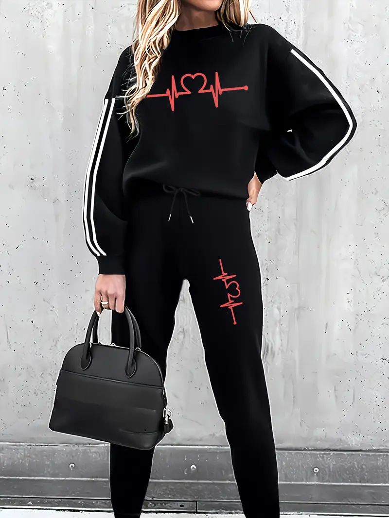 Heartbeat Print Fleece Tracksuit Set – Cozy Thermal Long Sleeve Two-Piece, Winter Loungewear With Soft Brushed Interior (White/Black, Sizes S-XXL)_ecoleips.com