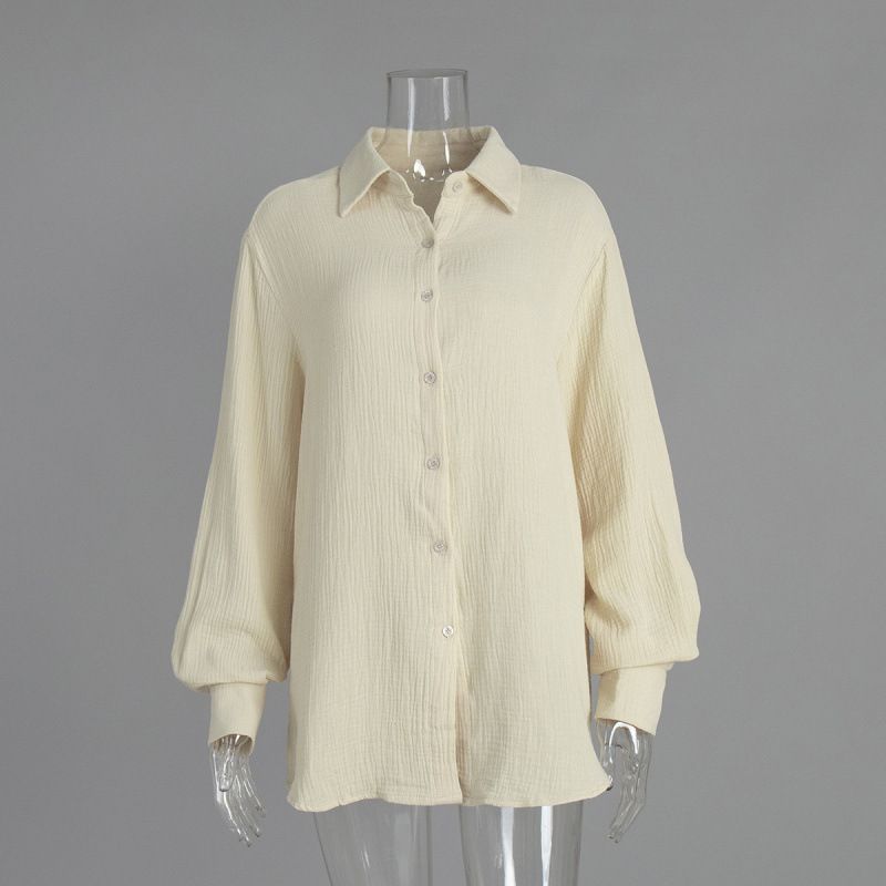 Summer Cotton Crepe Shirt For Women Comfortable, Loose-Fitting, Elegant Polo-Style Blouse_ecoleips.com