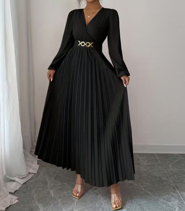 Elegant V-Neck Maxi Dress With Metallic Accents, Flowy Long Sleeve Ruffle Dress For Women, Chic A-Line Casual & Office Dress_ecoleips.com