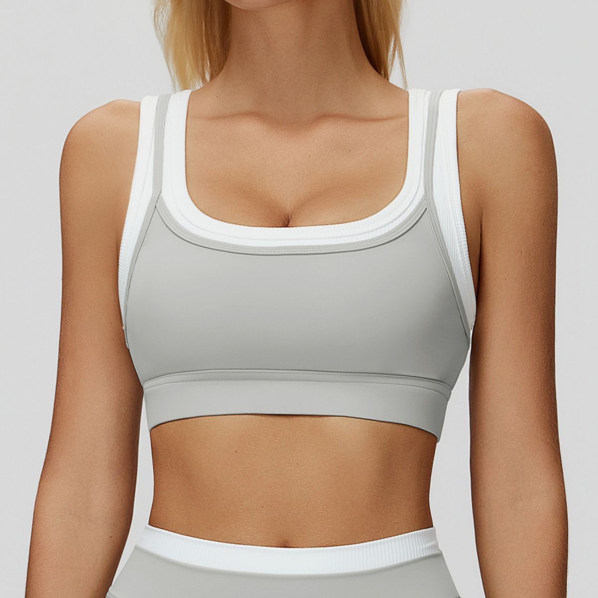 Nude Feel Faux Two Piece Sports Bra Ribbed Color Block Yoga Fitness Running Bra Style_ecoleips.com