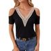 2026 Lace V-neck T-shirt With Appliqué Hollowed-out Short Sleeves, Loose Fit, Solid Color, Slimming Top, Elegant And_ecoleips.com
