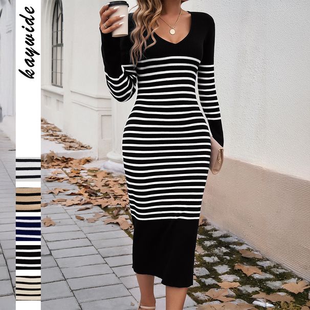 Women Elegant Striped Dress High Grade Fashion Casual Daily Party Wear_ecoleips.com