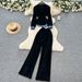 Elegant Slim-Fit Denim Two-Piece Set for Women Blue & Black Colorblock Jacket And Pants Casual Wear for Spring And Fall_ecoleips.com