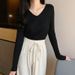Women's Slim Fit V-Neck Long Sleeve Knit Sweater - Soft Stretchable Pullover Top For Autumn Winter Layering_ecoleips.com