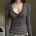 American Contrasting V-Neck Low Cut Sexy T-Shirt For Women's New Waist Tied Chest Knitted Long Sleeved Base Shirt_ecoleips.com
