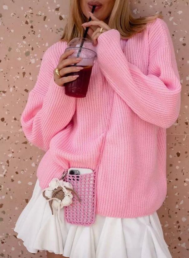 Oversized Knit Sweater – Round Neck, Long Sleeve, Polyester-Acrylic Blend (S-XL, 6 Colors, Drop Shoulder, 3D Texture, Work-to-Weekend Staple)_ecoleips.com