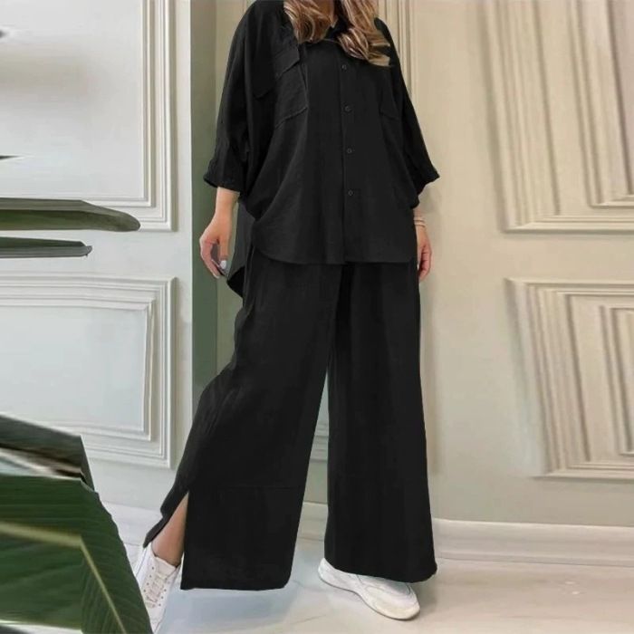 Women's Clothing Two Piece Suits Women's Long Sleeved Shirt Solid Color Pants Wide Leg Suit_ecoleips.com