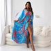 Women's Clothing Long Sleeve Sexy Deep V Multicolor Large Flower Print Slit Dress_ecoleips.com