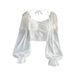 Chic Slim Fit Square Neck Chiffon Blouse Autumn French Retro Style Puff Sleeves Short Women's Top_ecoleips.com
