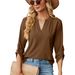 2025 Autumn/Winter New Solid V-Neck 3/4 Sleeve Button Loose T-shirt Top For Women_ecoleips.com