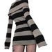 Y2K New Striped Turn-Down Collar Off-Shoulder Slim Fit Long Knitted Sweater Dress 905_ecoleips.com