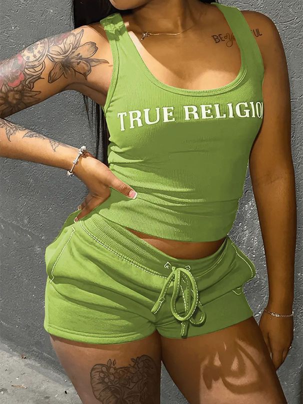Summer Women's Fashion Knitted Vest And Pants Set European American Style Cross Border New Letter Print Patchwork Two Piece Outfit_ecoleips.com