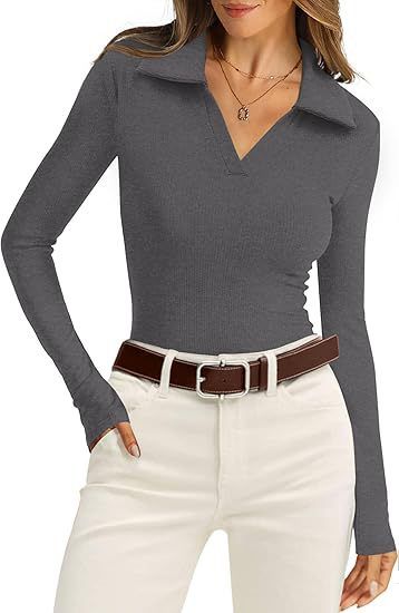 Women's Long Sleeved Casual Top European American Style V Neck Ribbed Knit Sweater Slim Fit Autumn Winter Top with Collar_ecoleips.com