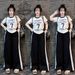 Women's Summer Fashion Two Piece Set Letter Print Color Blocking Short Sleeve Top with Side Stripe Wide Leg Pants Loose Fit_ecoleips.com