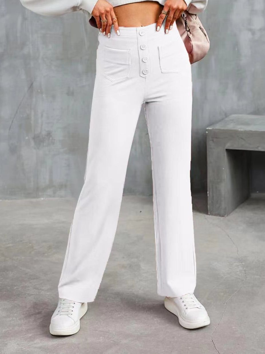 Fashionable New Women's Casual Straight Leg Pants With High Waist Button Elastic Band And Multiple Pockets_ecoleips.com