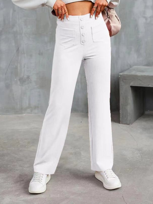 Fashionable New Women's Casual Straight Leg Pants With High Waist Button Elastic Band And Multiple Pockets_ecoleips.com