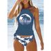 Women's Clothing Coconut Tree Print Strap Triangle Swimsuit Conservative Sling Belly Covering Split Bikini_ecoleips.com