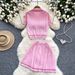 Summer New All Match Knit Sweater Two Piece Suit For Women Retro Contrast Color Short Sleeve Top High Waist Pleated Skirt_ecoleips.com