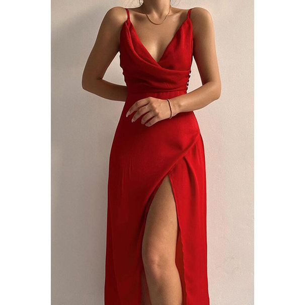 European And American 2022 Summer New Sexy V-neck Strap Dress With Slit, Fashionable Slim-Fit Dress, Foreign_ecoleips.com