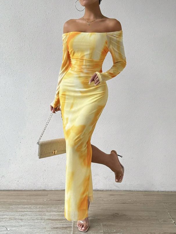 Women's Clothing Printing Pleated Sexy Tight Fitting Slit Square Neck One Line Dress_ecoleips.com