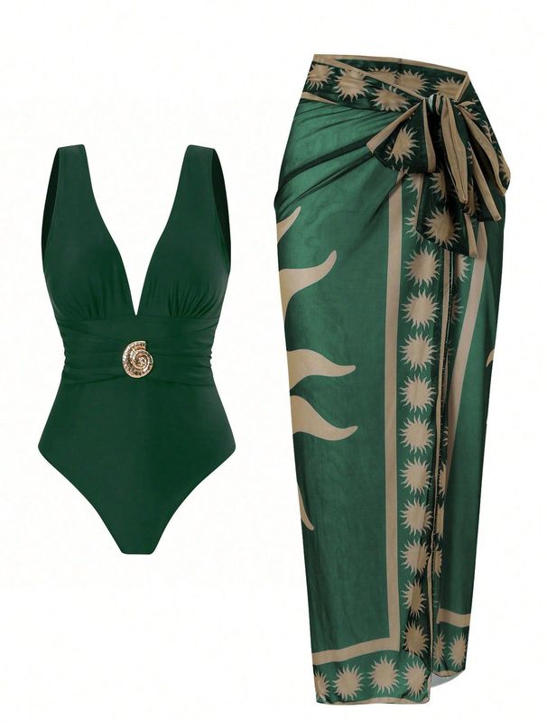 Women's Clothing New One Piece Deep V Sexy Swimsuit Retro Print Hot Spring Resort Beach Dress Suit_ecoleips.com