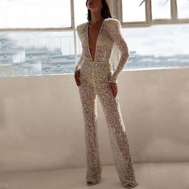 Women's Clothing V neck Sexy Gold Sprinkled Long Sleeve Pants Sexy Jumpsuit_ecoleips.com