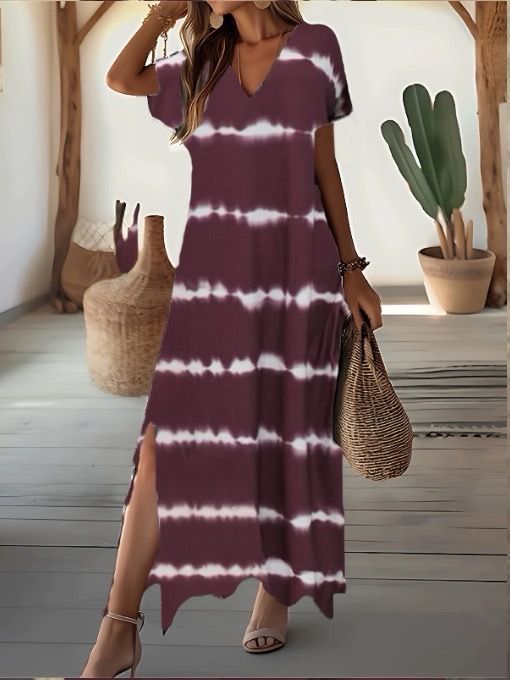 Boho Chic V-Neck Short Sleeve Maxi Dress - Flowy Tie-Dye Print Casual Long Dress For Women, Relaxed Fit_ecoleips.com