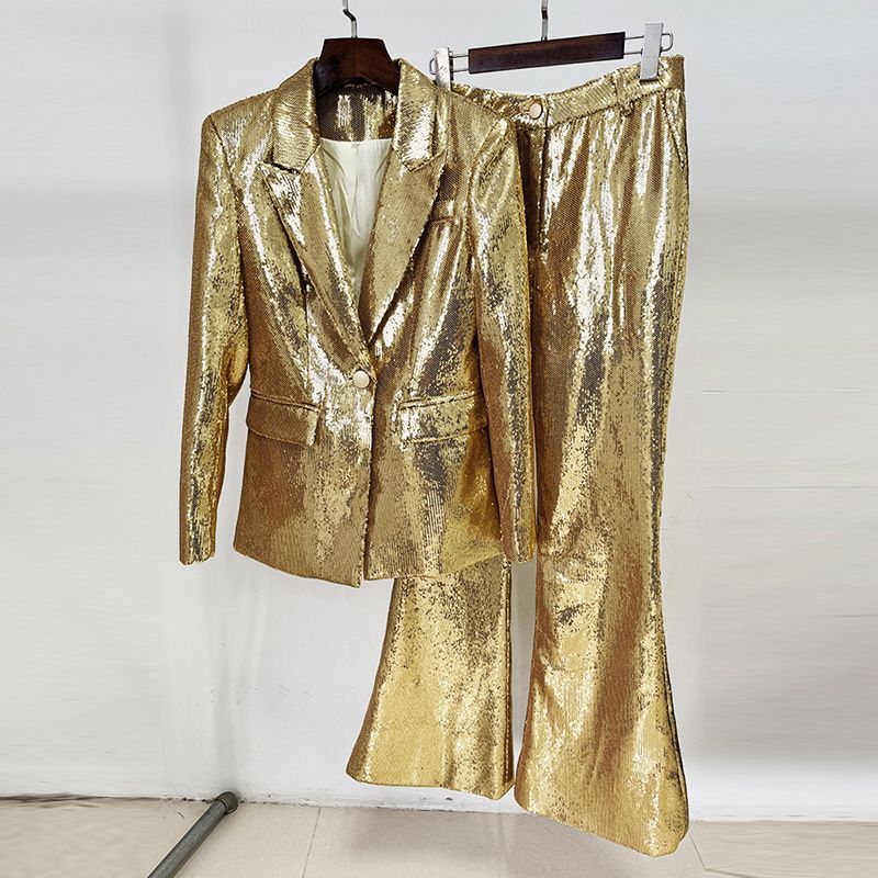 Women's Clothing Fashion Gold Sequin Suit Jacket Trousers Suit Two Piece Suit_ecoleips.com